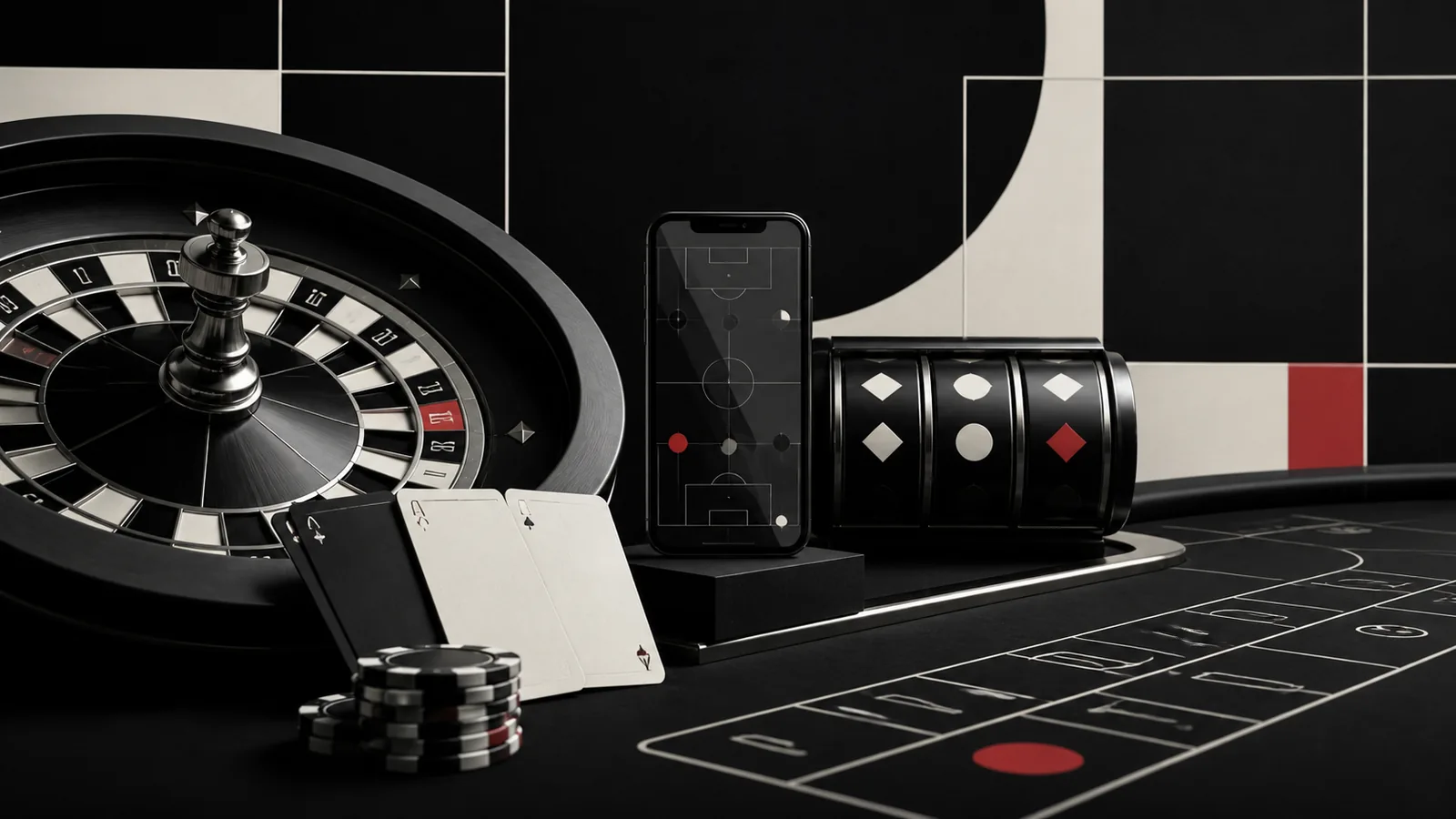 Ilustrasi editorial kasino daring dengan roulette, slot, kartu, dan ponsel